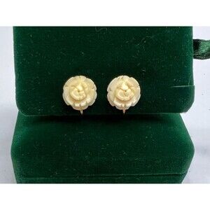 Vintage AMCO Earrings 14k Gold Filled Settings Carved Celluloid Roses Screw On